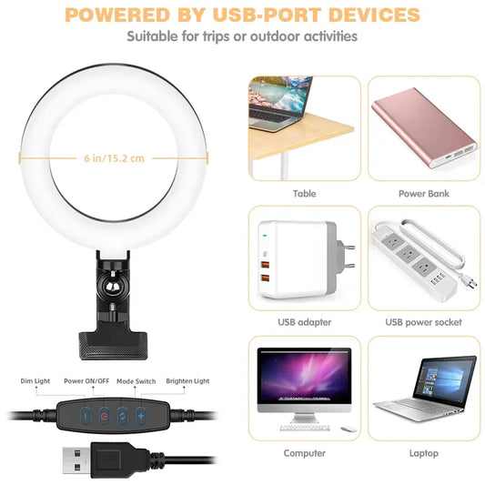 LED Selfie Ring Light 6-inch USB Plug 3-tone Lighting Photography Light Video Recording Live Broadcast Fill Light