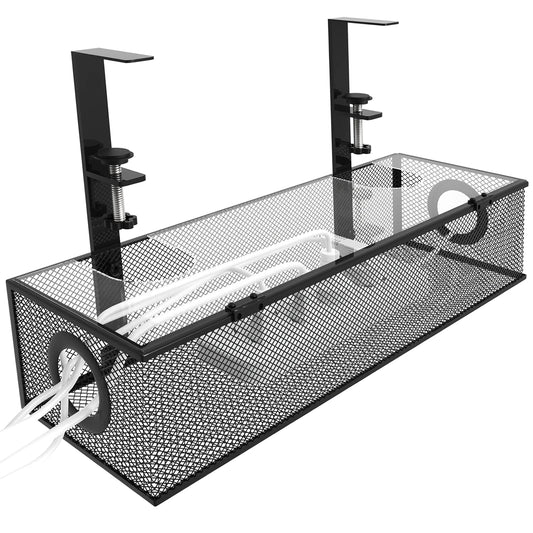 Under Desk Box Tray BLACK, 1 Pack - Wire Management & Cord Organizer, Clamp Mount