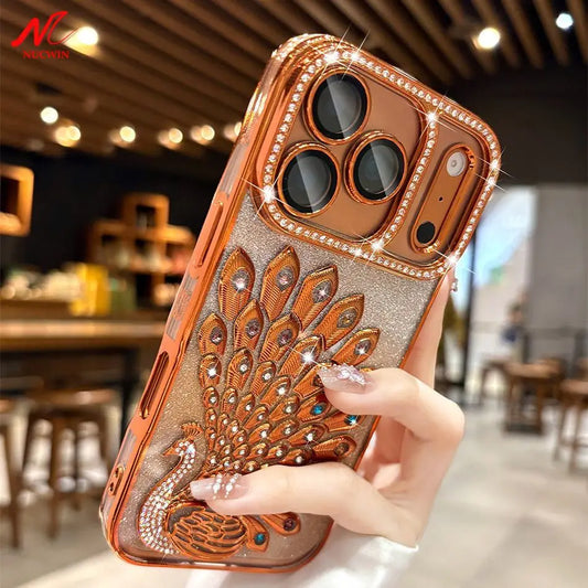 Luxury Plating Peacock Glitter Diamond Phone Case for iPhone 17 Pro Max Air 17 Pro 16 15 14 13 Soft Clear TPU Lens Film Cover