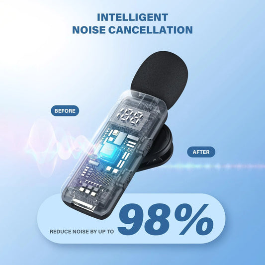 Professional Wireless Lavalier Microphone Noise Cancelling&Magnetic Portable Clip-on Mic for iPhone Android PC Live Interview