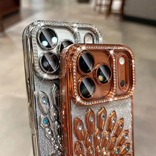 Luxury Plating Peacock Glitter Diamond Phone Case for iPhone 17 Pro Max Air 17 Pro 16 15 14 13 Soft Clear TPU Lens Film Cover