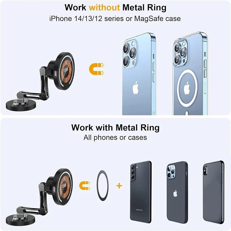 15W Magnetic Car Wireless Charger 360 Rotation Metal Foldable Charging Stand For Magsafe Iphone 15 14 13 12 11 Pro Max Samsung