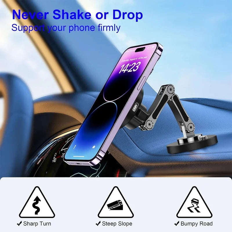15W Magnetic Car Wireless Charger 360 Rotation Metal Foldable Charging Stand For Magsafe Iphone 15 14 13 12 11 Pro Max Samsung