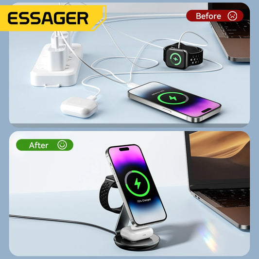 Essager Magnetic Wireless Charger 3 in 1 Charging Station 15W Fast Charging Stand for iPhone 15 Pro Max Apple Watch AirPods Pro