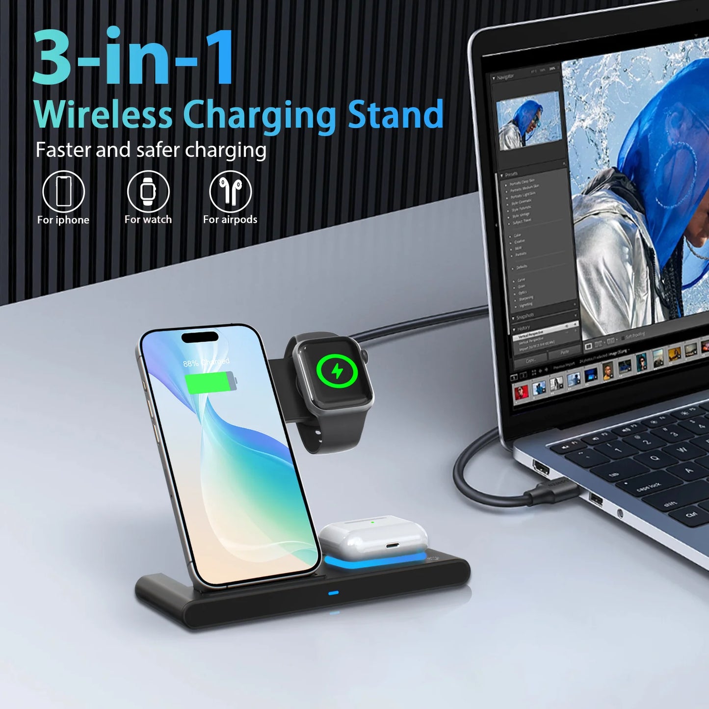 Magnetic Wireless Charging Station 3-In-1 Foldable 18W Fast Charging Pad for Apple iPhone 12-16 Series Apple Watch AirPods