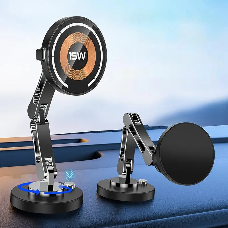 15W Magnetic Car Wireless Charger 360 Rotation Metal Foldable Charging Stand For Magsafe Iphone 15 14 13 12 11 Pro Max Samsung