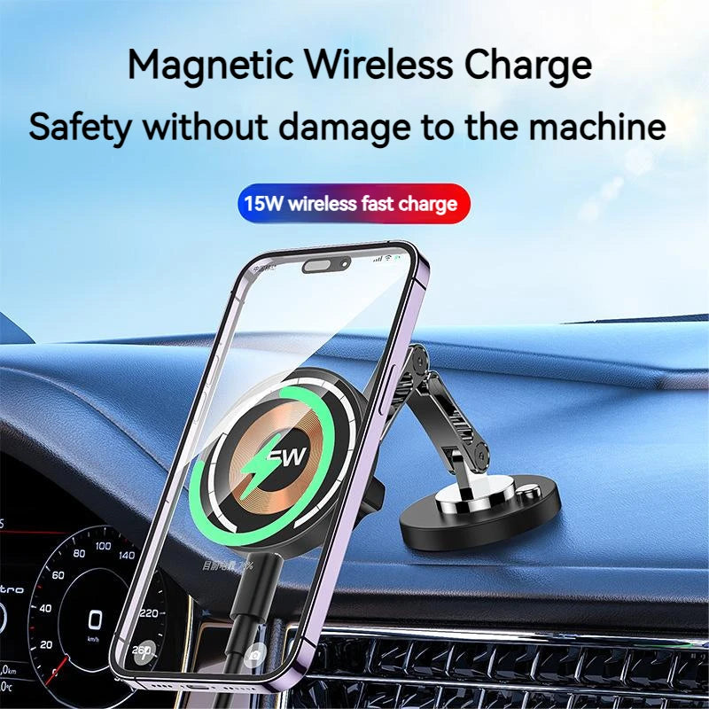 15W Magnetic Car Wireless Charger 360 Rotation Metal Foldable Charging Stand For Magsafe Iphone 15 14 13 12 11 Pro Max Samsung